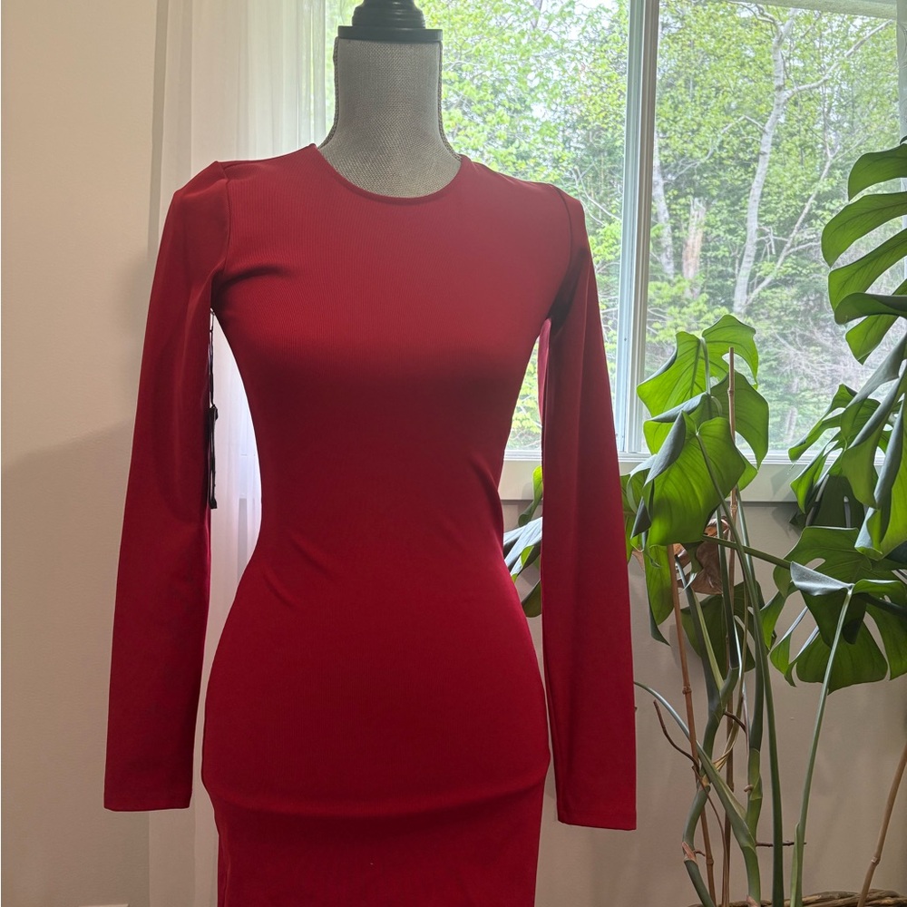 Babaton Red Long-Sleeve Bodycon Dress